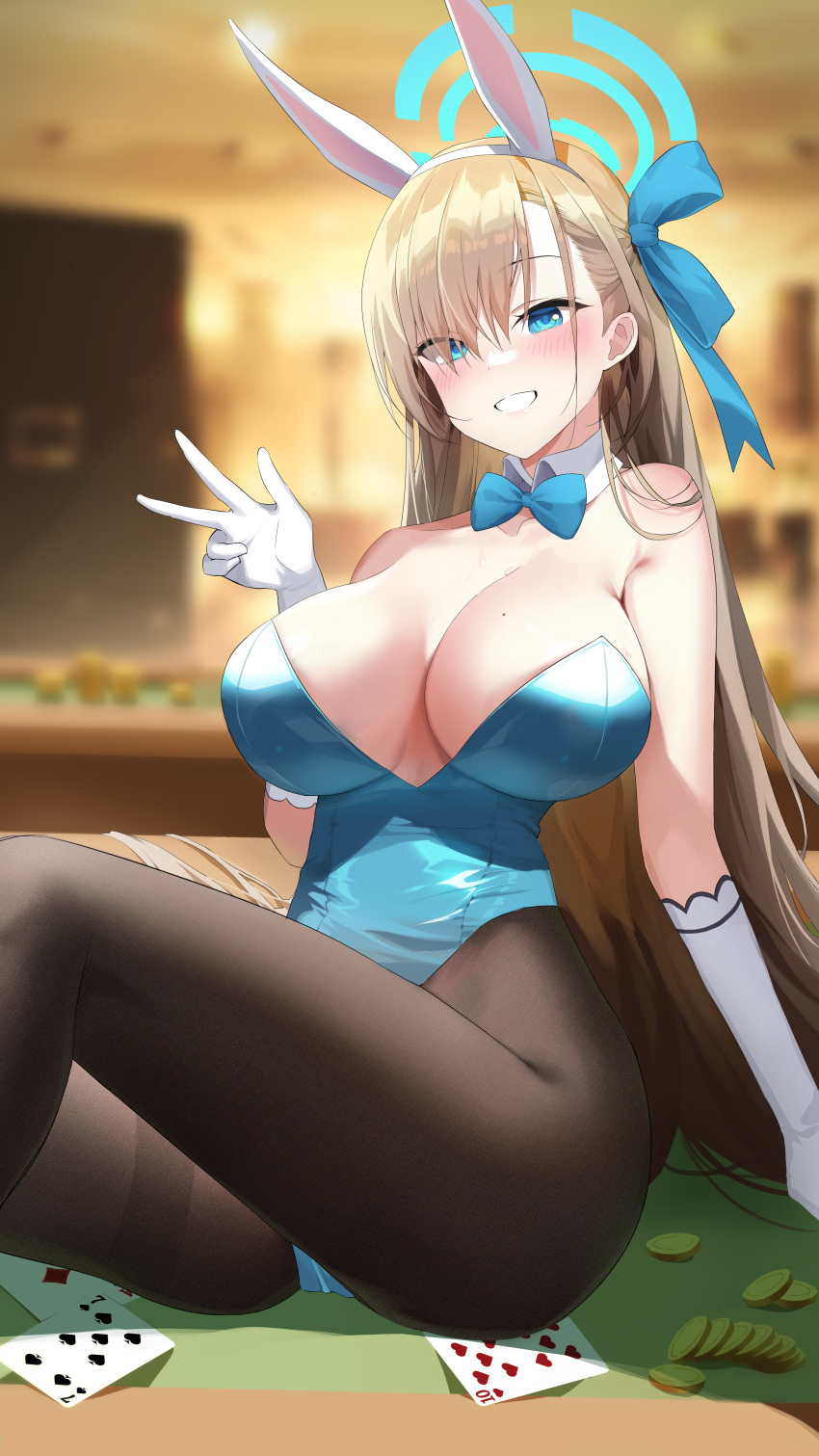 1girl absurdres alpha_(ypalpha79) asuna_(blue_archive) asuna_(bunny)_(blue_archive) bangs black_pantyhose blonde_hair blue_archive blue_bow blue_bowtie blue_leotard blurry blurry_background blush bow bowtie breasts card cleavage detached_collar elbow_gloves gloves halo hand_up highleg highleg_leotard highres large_breasts leotard long_hair pantyhose parted_lips playboy_bunny playing_card sitting smile solo teeth thighs v white_gloves