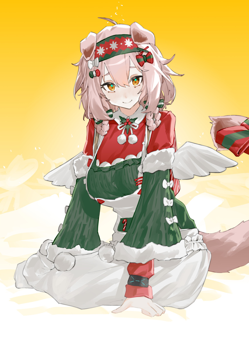 1girl absurdres ahoge alternate_costume animal_ears apron arknights bow braid cat_ears cat_girl cat_tail christmas fake_wings goldenglow_(arknights) gradient gradient_background hair_between_eyes hairband highres kneeling looking_at_viewer medium_hair multicolored_sweater pink_hair renxzd ribbon solo tail tail_ornament tail_ribbon white_apron wings yellow_background yellow_eyes