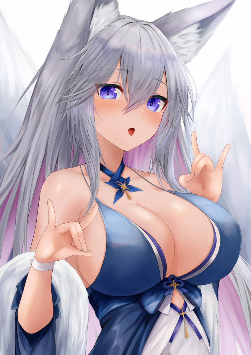 1girl :o :p absurdres animal_ears azur_lane bare_shoulders blue_eyes blue_kimono blush breasts butterfly_ornament cleavage double_fox_shadow_puppet fox_ears fox_girl fox_shadow_puppet fox_tail hair_between_eyes hands_up highres japanese_clothes kimono kitsune large_breasts long_hair looking_at_viewer multicolored_hair multiple_tails no_bra official_alternate_costume pink_hair purple_eyes ryara shinano_(azur_lane) shinano_(dreams_of_the_hazy_moon)_(azur_lane) sideboob slit_pupils solo staring tail tongue tongue_out two-tone_hair upper_body very_long_hair white_hair