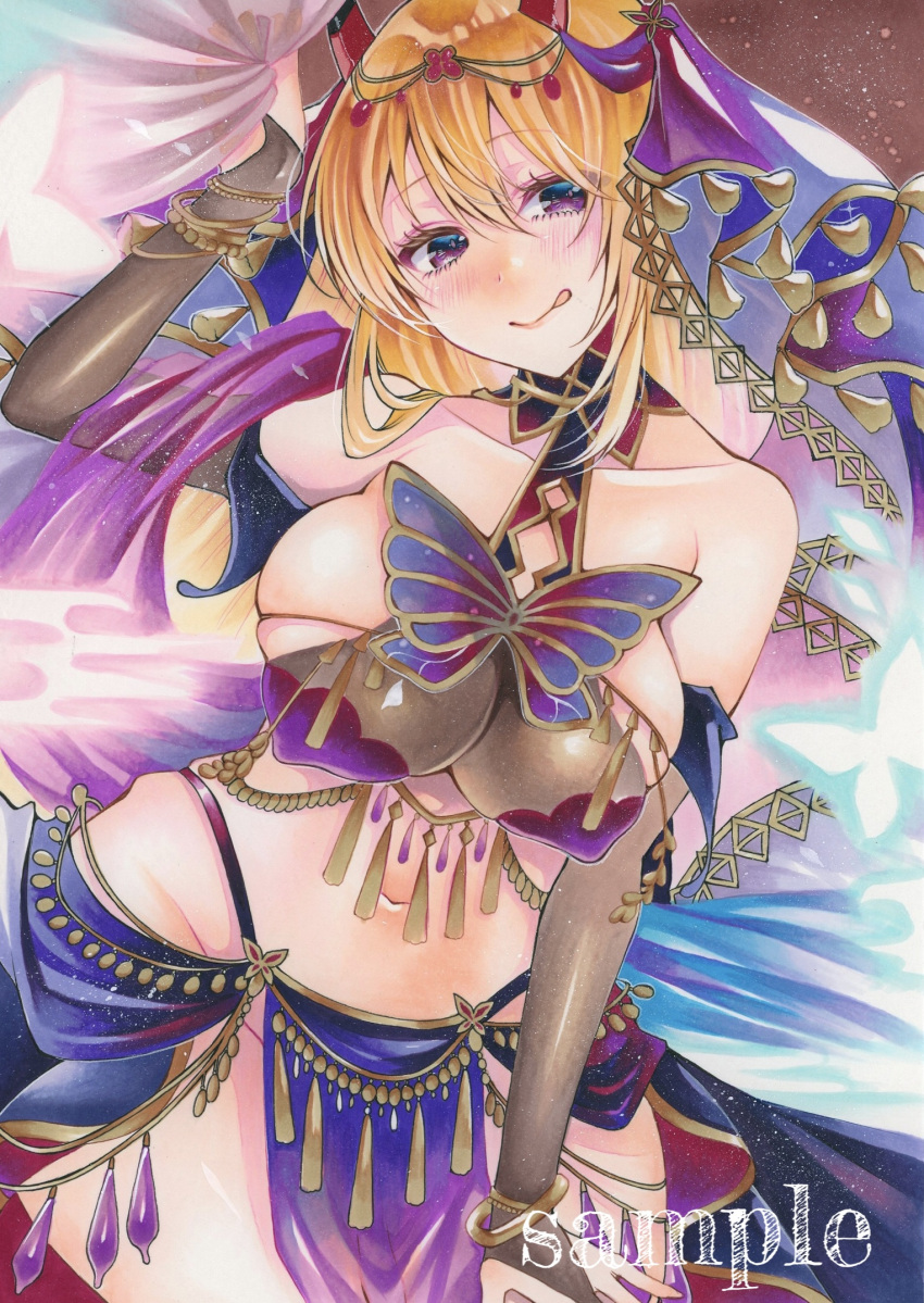 1girl arabian_clothes azur_lane blonde_hair bridal_gauntlets bug butterfly butterfly_ornament chain covered_nipples curtain_grab curtains gold_chain hair_between_eyes harem_outfit highres horns kumano_(azur_lane) kumano_(one_thousand_and_one_nights'_wishes)_(azur_lane) long_hair looking_at_viewer mitumame666 navel official_alternate_costume oni_horns pelvic_curtain pink_gemstone purple_butterfly purple_eyes revealing_clothes skindentation solo