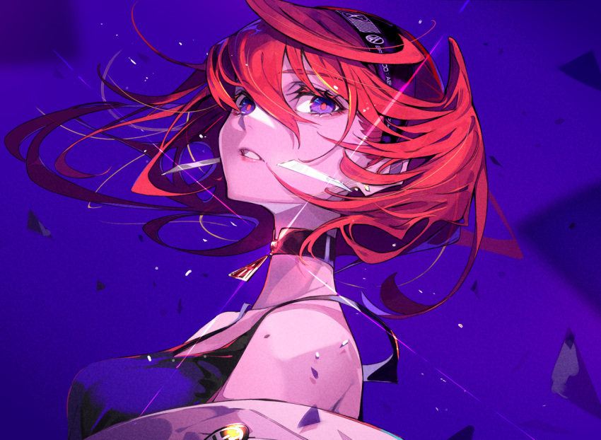 1girl breasts choker colored_eyelashes earrings from_side hair_between_eyes headband jewelry looking_at_viewer off_shoulder original parted_lips pokimari portrait purple_background purple_eyes red_hair red_pupils solo