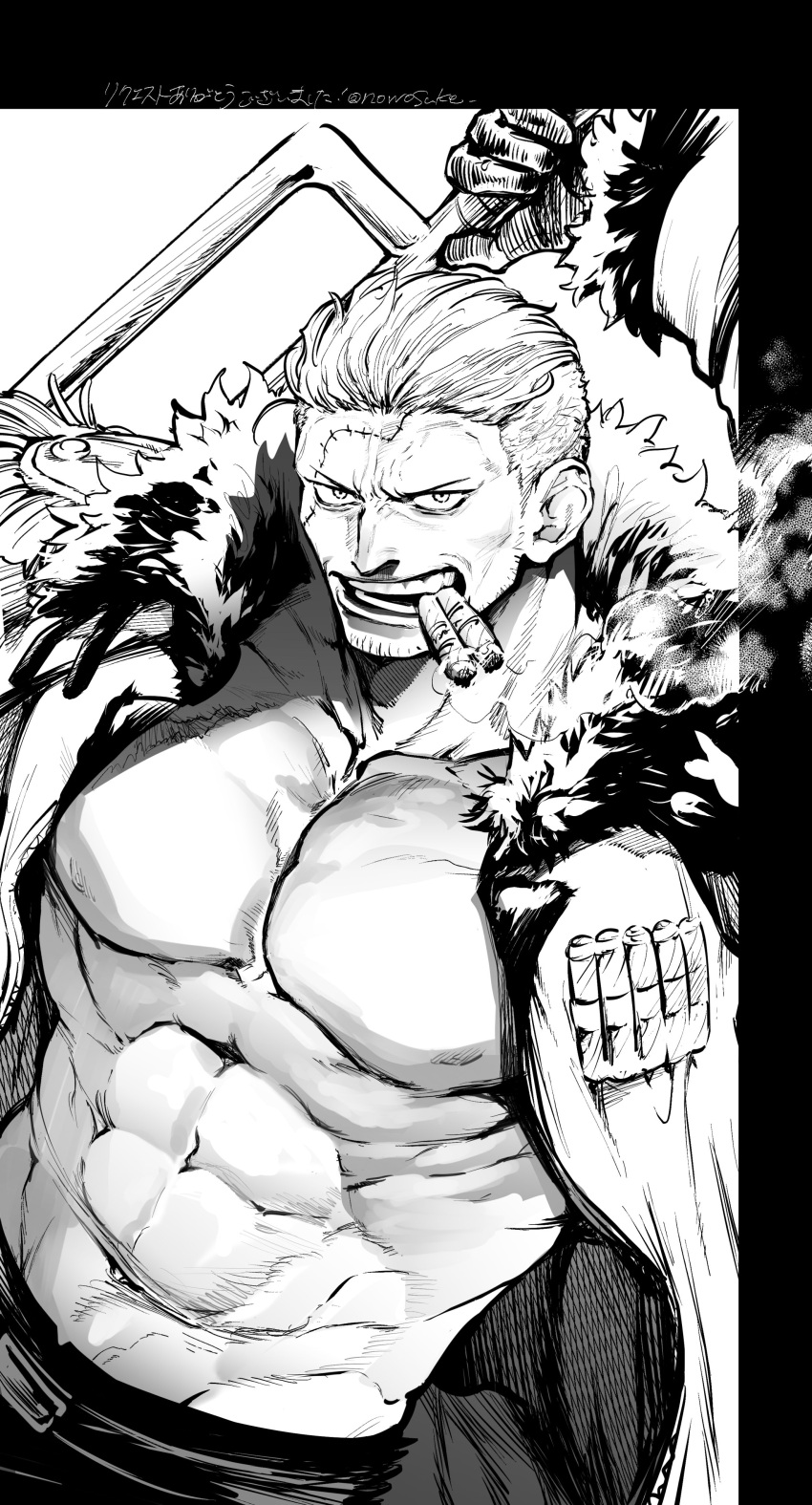 1boy abs absurdres bara bare_pectorals cigar coat cowboy_shot facial_hair frown goatee highres large_pectorals male_focus mature_male muscular muscular_male navel nowosuke one_piece open_clothes open_coat over_shoulder pectorals short_hair sideburns smoker_(one_piece) smoking solo stomach stubble weapon weapon_over_shoulder