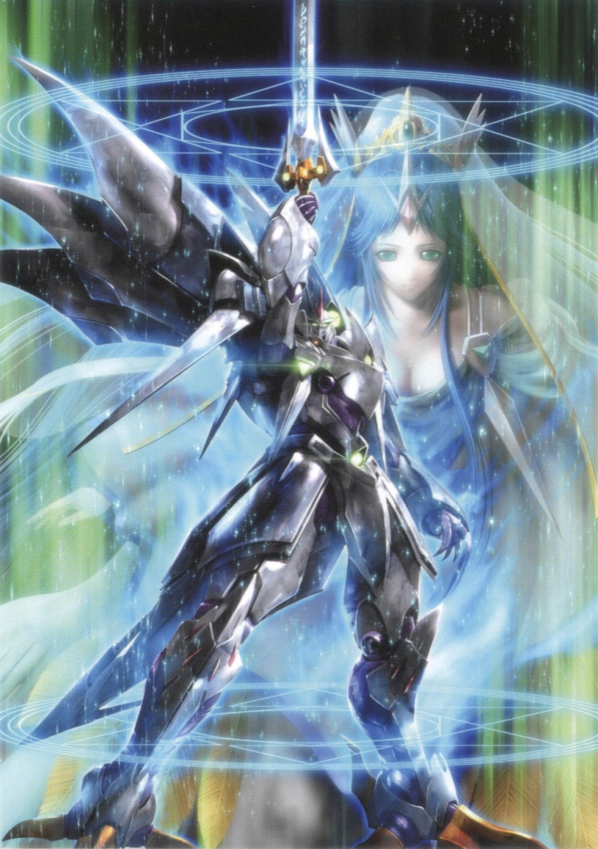 1girl aura breasts cleavage cybuster dress green_eyes green_hair hair_ornament highres holding holding_sword holding_weapon looking_at_viewer mecha morishita_naochika non-web_source official_art pentacle robot runes super_robot_wars super_robot_wars_original_generation super_robot_wars_the_lord_of_elemental sword weapon white_dress
