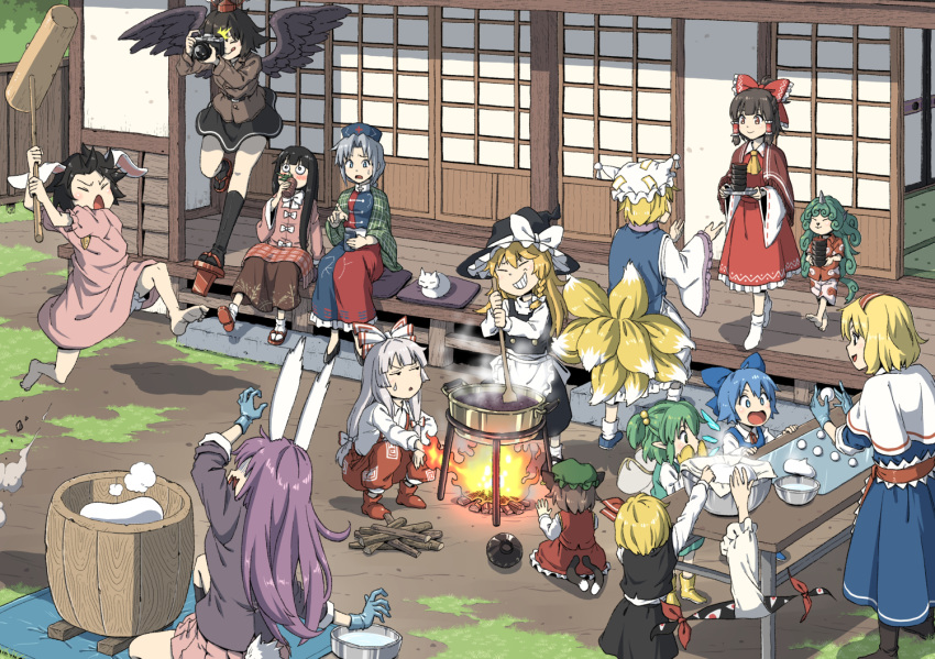 6+girls :q alice_margatroid animal_ears architecture barefoot black_hair black_skirt black_socks black_wings blonde_hair bloomers blue_dress blue_eyes blue_hair blush brown_hair brown_jacket brown_skirt camera campfire capelet cat cat_tail chen cirno closed_eyes cooking cushion daiyousei dress drinking dust east_asian_architecture feathered_wings fence fire firewood flaming_hand food fox_tail fujiwara_no_mokou gap_(touhou) geta gloves green_hair grey_hair hakurei_reimu hime_cut holding holding_camera holding_mallet holding_tray houraisan_kaguya inaba_tewi inuno_rakugaki jacket jumping kettle kine kirisame_marisa kitsune kneehighs komano_aunn long_hair mallet miniskirt mochi mortar multiple_girls multiple_tails open_mouth outdoors pink_dress purple_hair pyrokinesis rabbit_ears red_dress red_eyes red_headwear reisen_udongein_inaba rumia shameimaru_aya short_hair skirt sliding_doors socks stirring surprised sweatdrop table tail taking_picture tengu-geta tongue tongue_out touhou tray two-tone_dress two_tails underwear usagi_kine v-shaped_eyebrows veranda white_capelet white_cat wings wooden_fence yagokoro_eirin yakumo_ran yakumo_yukari