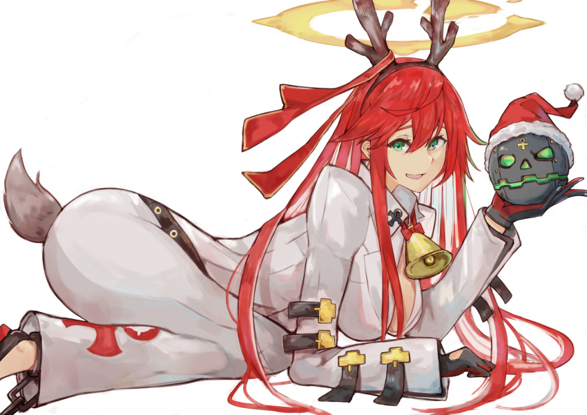 1girl antlers bangs bell bodysuit breasts colored_inner_hair compass_rose_halo deer_tail fang feet_out_of_frame green_eyes guilty_gear guilty_gear_strive hair_between_eyes halo hat highres jack-o'_valentine large_breasts levvellevvel multicolored_hair red_hair reindeer_antlers santa_hat sidelocks simple_background skin_fang smile solo tail white_background white_bodysuit white_hair