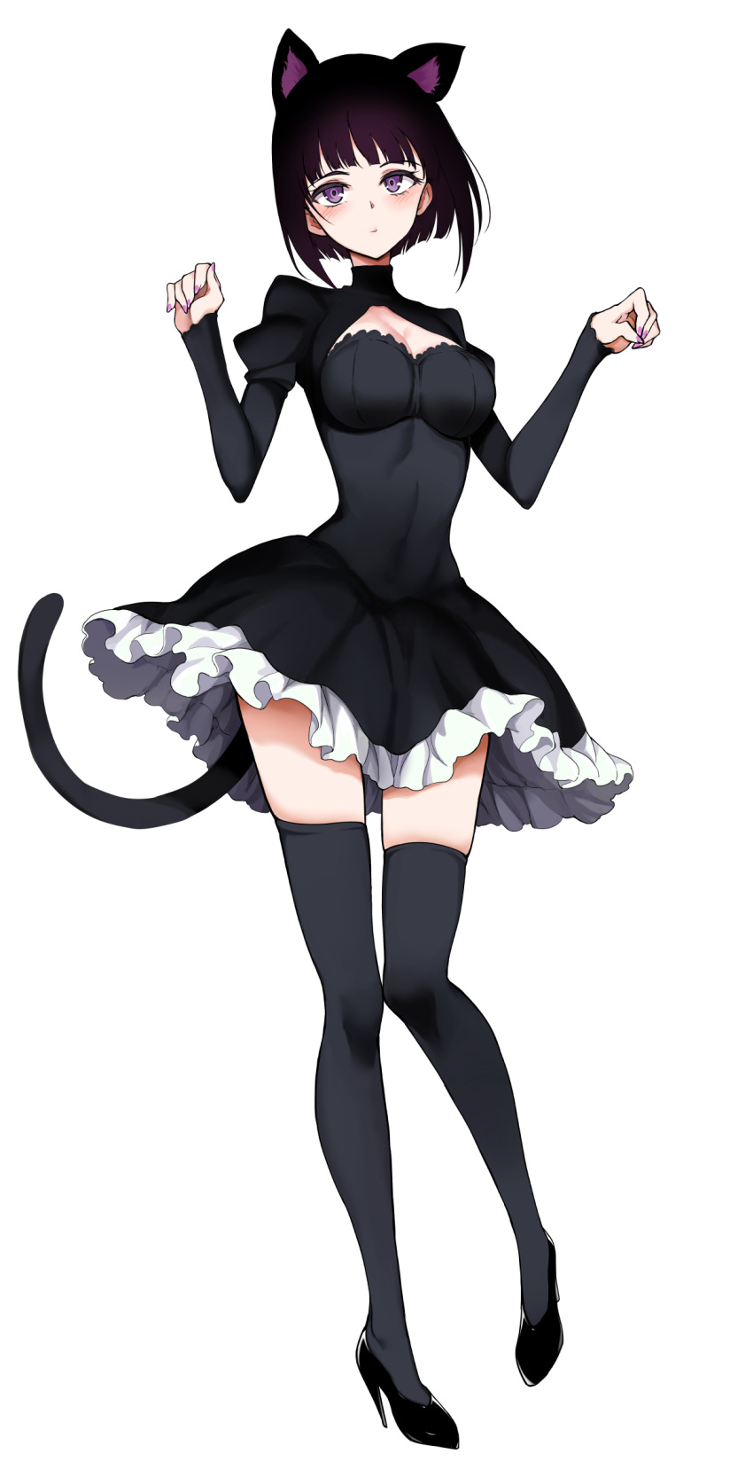 1girl animal_ear_fluff animal_ears apron black_dress black_hair cat_ears cat_girl cat_tail dress extra_ears fake_animal_ears frills high_heels highres kyokucho looking_at_viewer maid original puffy_short_sleeves puffy_sleeves purple_eyes short_hair short_sleeves skirt tail thighhighs white_background