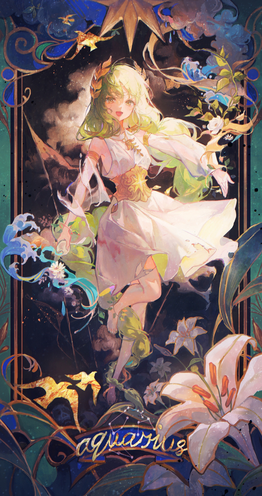 1girl :d absurdly_long_hair absurdres animal_print aquarius aquarius_(constellation) armlet armpits art_nouveau bangs barefoot belt bird_print braid braided_ponytail breasts character_name cleavage commentary constellation dress english_commentary flower green_hair highres holding jewelry laurel_crown leaf leg_up lily_(flower) long_hair maccha_(mochancc) necklace open_mouth original personification rose silhouette smile solo torn_clothes torn_dress torn_sleeve very_long_hair water white_dress white_flower white_rose yellow_eyes zodiac