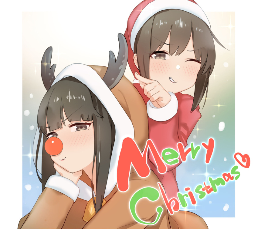 2girls animal_costume antlers bangs black_eyes black_hair blunt_bangs blush brown_coat brown_eyes brown_hair christmas coat commentary english_text fubuki_(kancolle) fur-trimmed_coat fur_trim grin half-closed_eye half-closed_eyes hat hatsuyuki_(kancolle) head_rest highres hood hood_up hooded_coat kantai_collection long_sleeves looking_at_viewer medium_hair merry_christmas multiple_girls on_person one_eye_closed outside_border pointing red_coat red_headwear red_nose reindeer_antlers reindeer_costume sakieko santa_costume santa_hat smile smirk sparkling_eyes