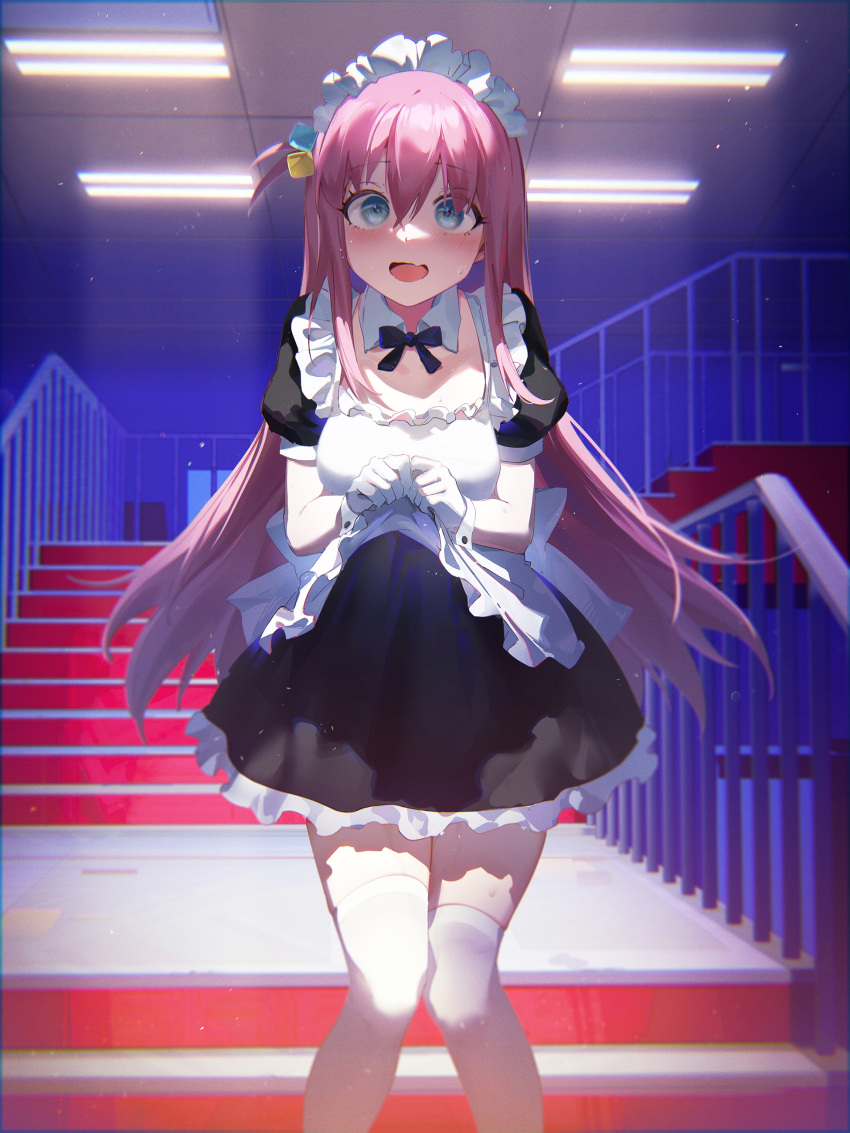 1girl absurdres apron apron_lift bangs black_dress black_ribbon blue_eyes blush bocchi_the_rock! breasts ceiling_light cube_hair_ornament detached_collar dress frilled_apron frills gloves gotou_hitori hair_between_eyes hair_ornament highres indoors juliet_sleeves knees_together_feet_apart lifted_by_self long_hair long_sleeves looking_at_viewer maid maid_apron maid_headdress mixed-language_commentary neck_ribbon official_alternate_costume open_mouth pink_hair puffy_sleeves ribbon short_sleeves solo stairs sweatdrop thighhighs white_gloves white_thighhighs white_wrist_cuffs ying_yi