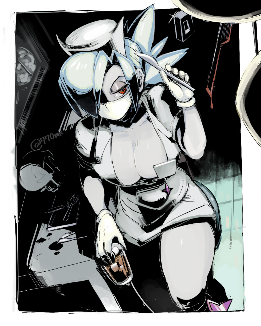 1girl 770mk blood breasts cleavage cup drink feet_out_of_frame half-closed_eyes hat highres holding holding_cup holding_drink holding_scalpel large_breasts looking_to_the_side mask mouth_mask nurse nurse_cap red_eyes scalpel shuriken skull skullgirls solo surgical_mask symbol-shaped_pupils twitter_username valentine_(skullgirls) weapon