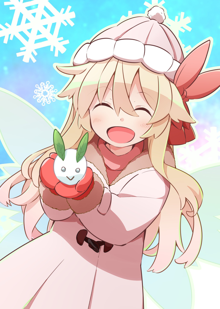 1girl :d ^_^ absurdres alternate_costume alternate_headwear bangs beanie blonde_hair closed_eyes coat facing_viewer fairy fairy_wings hair_between_eyes hat highres lily_white long_hair long_sleeves looking_at_viewer mittens open_mouth pom_pom_(clothes) red_mittens smile snow_bunny snowflakes solo touhou white_coat white_headwear wings yutamaro