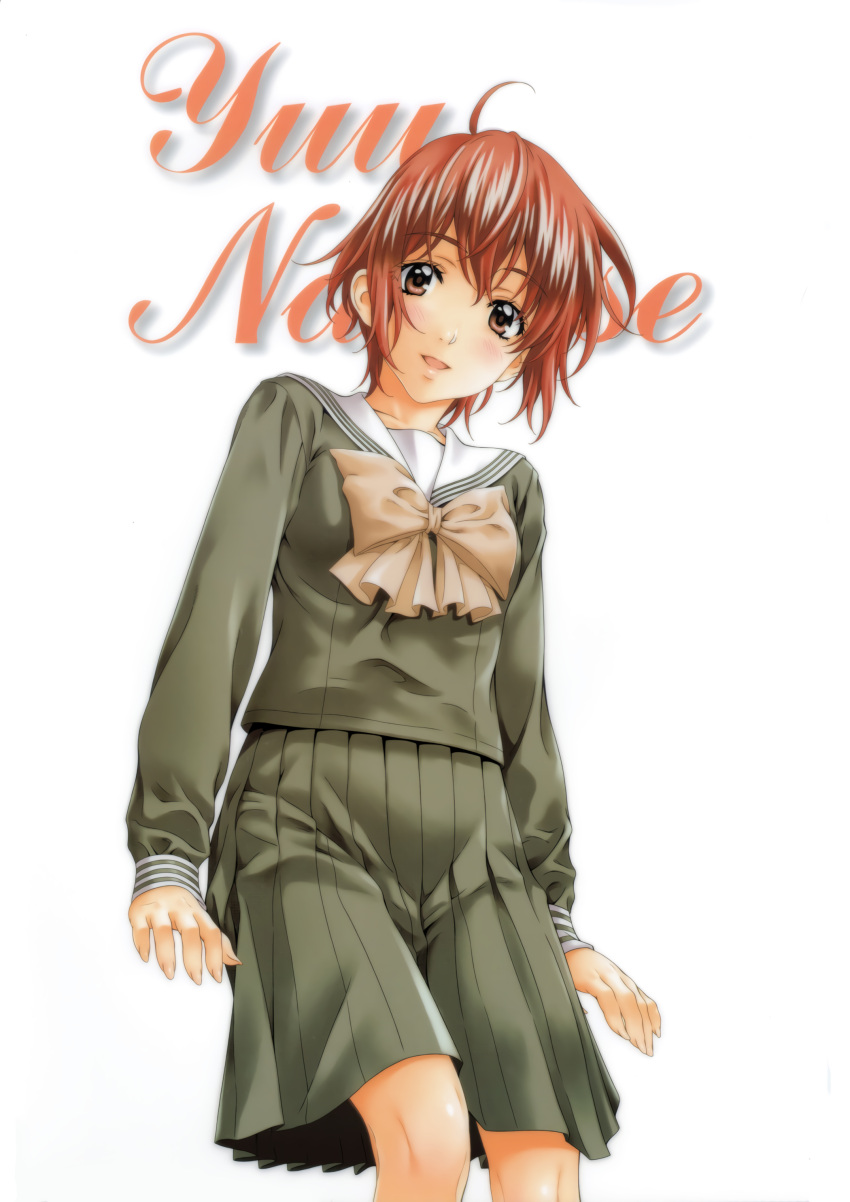 1990s_(style) 1girl absurdres ahoge bangs brown_eyes brown_hair character_name cursive feet_out_of_frame green_shirt green_skirt highres kai_tomohisa long_sleeves looking_at_viewer nanase_yuu non-web_source official_art open_mouth pleated_skirt retro_artstyle school_uniform sentimental_graffiti shirt short_hair simple_background skirt solo white_background