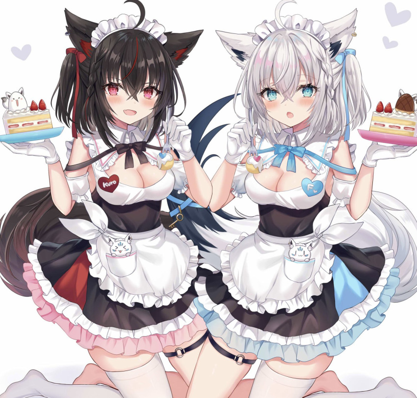 2girls ahoge alternate_costume animal_ear_fluff animal_ears apron bangs black_hair blush braid breasts cake cleavage commentary_request earrings enmaided fang food fork fox_ears fox_girl fox_tail fubuzilla_(shirakami_fubuki) gloves green_eyes hair_between_eyes hair_ribbon heart highres holding holding_fork holding_plate hololive jewelry kurokami_fubuki looking_at_viewer maid maid_apron medium_breasts medium_hair multiple_girls one_side_up open_mouth oruyanke_(shirakami_fubuki) plate red_eyes red_hair retsuto ribbon shirakami_fubuki sidelocks simple_background single_braid single_thighhigh skin_fang sukonbu_(shirakami_fubuki) tail thigh_strap thighhighs virtual_youtuber white_background white_gloves white_hair white_thighhighs