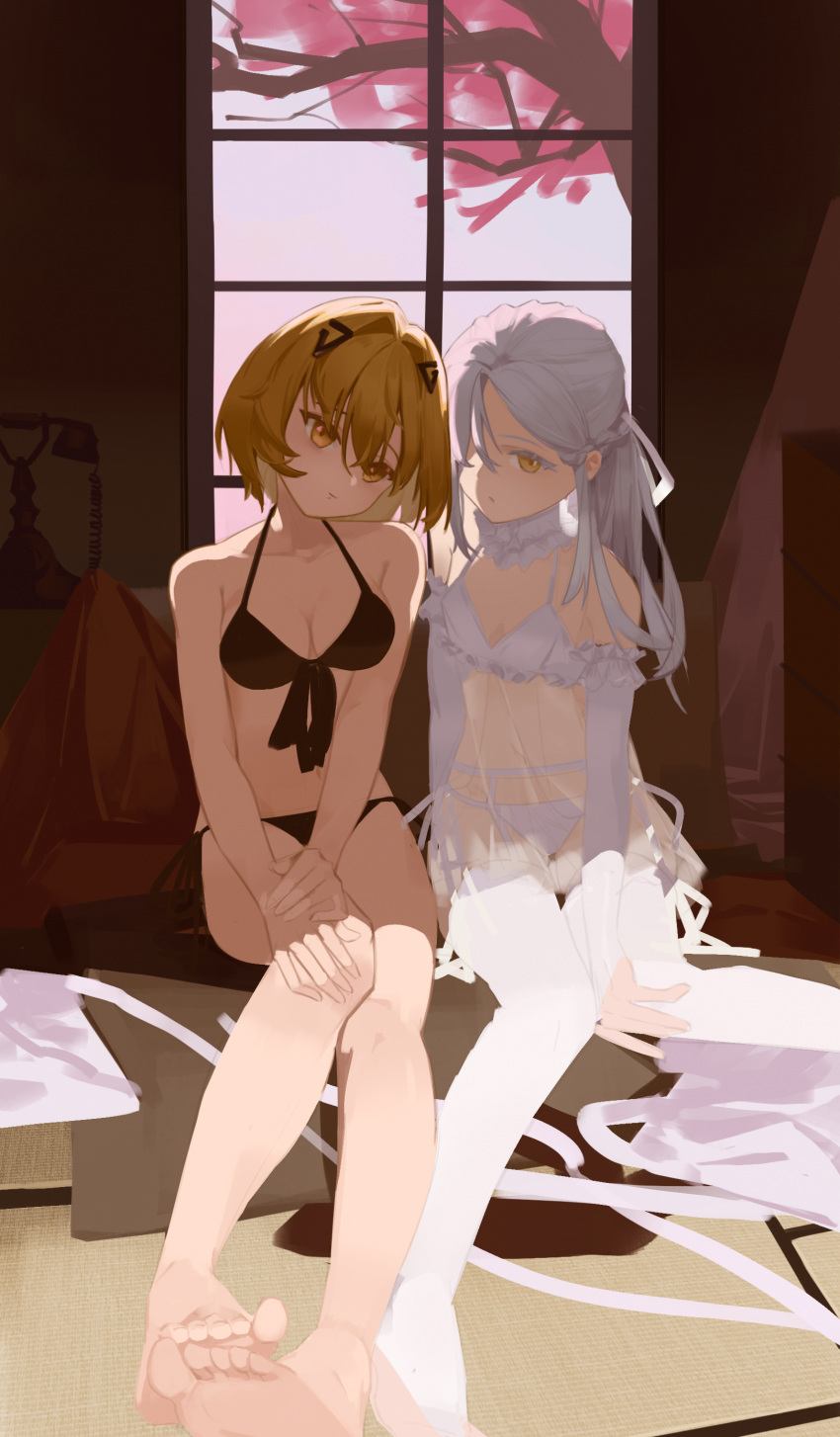2girls absurdres alchemy_stars bangs bare_arms bare_legs bare_shoulders barefoot bikini black_bikini blonde_hair bra breasts carleen_(alchemy_stars) carleen_(fluffy_serendepity)_(alchemy_stars) chemise chodici cleavage closed_mouth corded_phone detached_sleeves garter_belt hair_intakes hair_ornament halterneck highres indoors lingerie long_hair looking_at_viewer multiple_girls navel panties phone short_hair sitting small_breasts swimsuit thighhighs underwear vice_(alchemy_stars) white_bra white_hair white_panties white_thighhighs window yellow_eyes