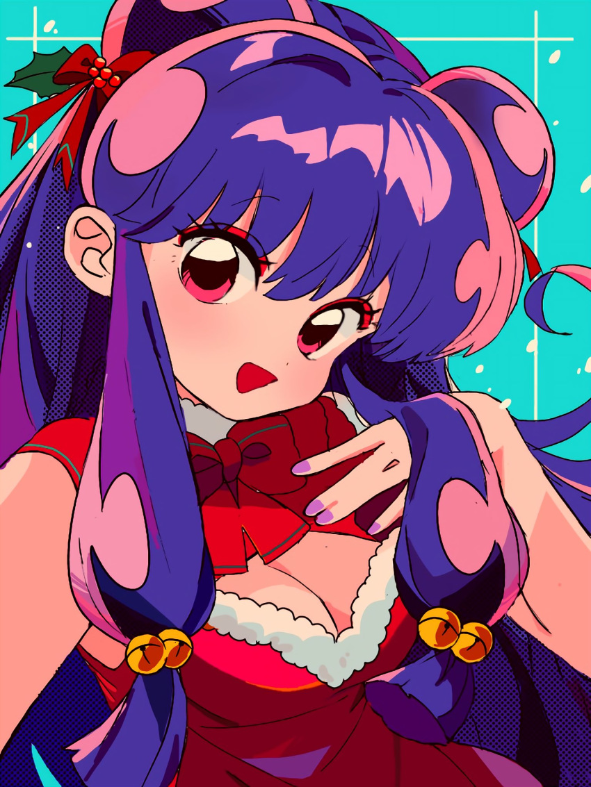 1girl aqua_background blush bow breasts christmas commentary hair_between_eyes hair_ornament highres open_mouth purple_hair ranma_1/2 red_bow sanamaru_(sana79261827) shampoo_(ranma_1/2) simple_background solo