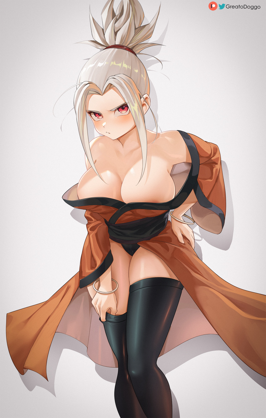 1girl areola_slip bangs bare_shoulders blush bracelet breasts cleavage copyright_request greatodoggo highres jewelry large_breasts leaning_forward long_bangs looking_at_viewer red_eyes simple_background solo spiked_hair standing thighhighs watermark white_background white_hair