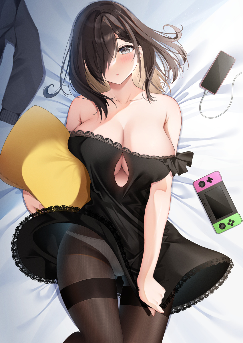 1girl absurdres armpit_crease ass_visible_through_thighs bare_shoulders black_dress black_eyes breasts brown_hair cable cellphone charging_device cleavage clothes_lift clothing_cutout commentary_request cowboy_shot dress dress_lift dress_tug frilled_dress frills from_above hair_over_one_eye handheld_game_console highres holding holding_pillow jimiko lace-trimmed_dress lace_trim large_breasts long_hair looking_at_viewer lying nagi_aoi off-shoulder_dress off_shoulder on_back on_bed one_eye_covered original panties panties_under_pantyhose pantyhose parted_lips phone pillow smartphone thighband_pantyhose thighs underboob_cutout underwear white_panties