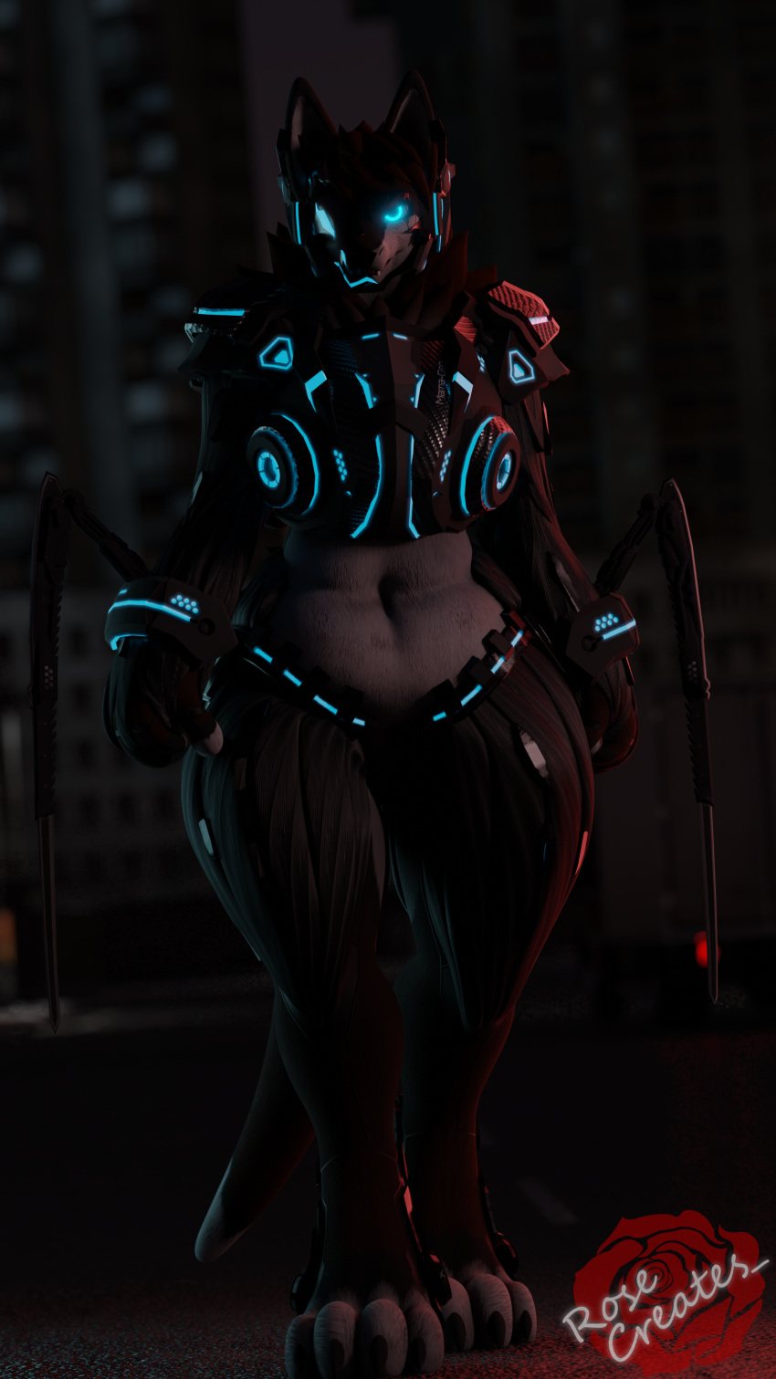 3d_(artwork) 4k 9:16 absurd_res anthro armor belly blender_(software) cybernetic_arm cybernetic_limb cybernetics cyberpunk cyberpunk_2077 digital_media_(artwork) female hair hi_res looking_at_viewer machine mamagen mantis_blades navel prosthetic prosthetic_arm prosthetic_limb protogen robot rosecreates screen screen_face solo visor weapon