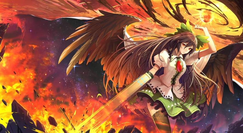 1girl :/ album_cover arm_cannon arm_up bird_wings black_thighhighs bow brown_hair brown_wings cape cibo_(killy) closed_mouth collared_shirt commentary control_rod cover cowboy_shot feathered_wings fire frilled_shirt_collar frilled_skirt frills green_bow green_skirt hair_between_eyes hair_bow highres long_hair looking_at_viewer puffy_short_sleeves puffy_sleeves red_eyes reiuji_utsuho rock shirt short_sleeves single_thighhigh skirt sleeve_cuffs solo starry_sky_print sun thighhighs third_eye touhou two-sided_cape two-sided_fabric very_long_hair weapon white_cape white_shirt wings