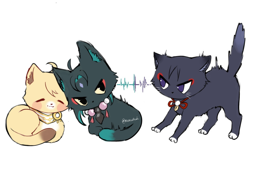3boys aether_(genshin_impact) ahoge all_fours angry animal animal_ear_fluff animal_ears animalization artist_name bangs black_eyes blonde_hair blush bow bowtie brown_fur cat cat_ears cat_tail closed_eyes closed_mouth colored_sclera genshin_impact gold green_fur green_hair grey_fur grey_hair highres jealous jewelry leaf love_triangle male_focus multicolored_hair multiple_boys munaihah necklace no_mouth pearl_necklace pom_pom_(clothes) purple_eyes purple_fur purple_hair red_bow red_bowtie red_eyeliner scaramouche_(genshin_impact) scarf short_hair sidelocks simple_background sitting smile standing tail tassel two-tone_fur two-tone_hair v-shaped_eyebrows vision_(genshin_impact) white_background white_fur white_scarf xiao_(genshin_impact) yellow_fur yellow_sclera