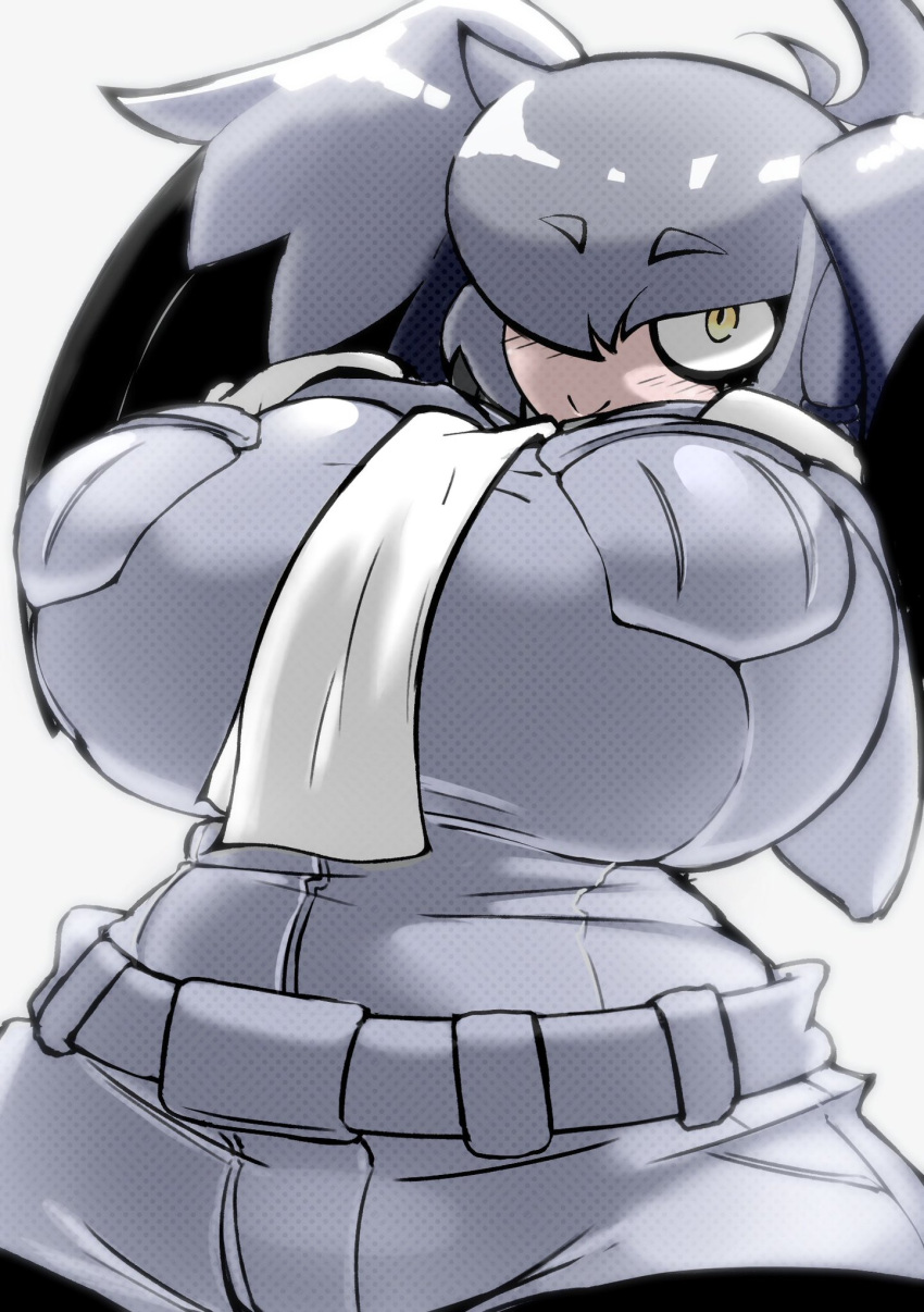 animal_humanoid avian avian_humanoid big_breasts bird bird_humanoid breasts female grey_hair hair hand_on_breast hi_res huge_breasts humanoid kemono_friends one_eye_obstructed pelecaniform pelecaniform_humanoid shoebill_(kemono_friends) shoebill_humanoid simple_background smile solo thick_thighs wide_hips yellow_eyes zozo_draws