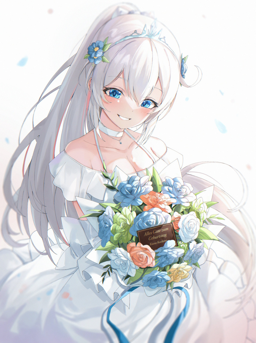 1girl absurdres bangs blue_eyes blue_flower blue_ribbon blue_rose blurry blurry_background blush bouquet bow breasts bride character_request check_character choker cleavage cowboy_shot depth_of_field dress falling_petals flower frilled_dress frills gr_greeze green_flower green_rose hair_bow hair_flower hair_ornament highres holding holding_bouquet honkai_(series) honkai_impact_3rd jewelry kiana_kaslana_(herrscher_of_flamescion) long_hair medium_breasts necklace off-shoulder_dress off_shoulder open_mouth petals ponytail red_flower red_rose ribbon rose simple_background smile solo standing teeth white_bow white_choker white_dress white_hair