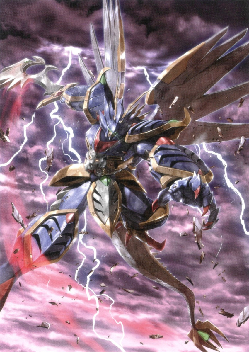 cloud cloudy_sky flying glowing glowing_eyes highres holding holding_sword holding_weapon incoming_attack lightning looking_down mecha morishita_naochika non-web_source official_art open_hand robot rubble ryukooh scan sky super_robot_wars super_robot_wars_alpha super_robot_wars_original_generation sword tail weapon wings