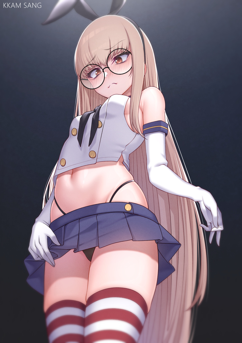 1girl absurdres alternate_costume armpit_crease blonde_hair blush breasts commission cosplay crop_top elbow_gloves frown g-string girls'_frontline gloves groin highres kkam-sang long_hair miniskirt navel orange_eyes round_eyewear shimakaze_(kancolle) shimakaze_(kancolle)_(cosplay) sideboob skirt sleeveless small_breasts solo striped striped_thighhighs thighhighs thong type_80_(girls'_frontline) very_long_hair