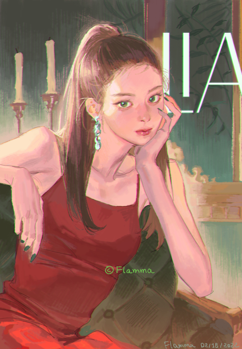 1girl absurdres armchair artist_name bangs breasts brown_hair chair character_name collarbone commentary dated earrings flamma_(immortalemignis) green_eyes hair_behind_ear hand_on_own_cheek hand_on_own_face highres itzy jewelry k-pop leaning_to_the_side lia_(itzy) long_hair ponytail real_life realistic sitting small_breasts solo symbol-only_commentary