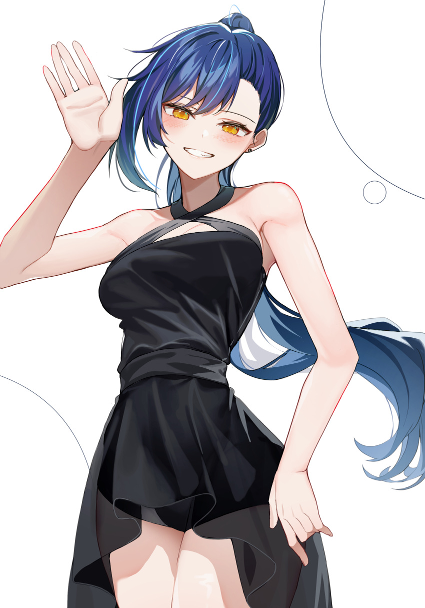 1girl absurdres arm_at_side bangs bare_shoulders black_dress blue_hair blush breasts cleavage cowboy_shot criss-cross_halter dress halterneck high_ponytail highres lilpa looking_at_viewer open_mouth simple_background smile solo standing sugar_(dndi888) teeth waktaverse waving white_background yellow_eyes