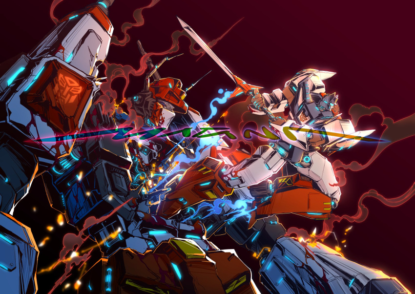 assault_visor autobot blue_eyes charging_forward english_commentary fire highres holding holding_sword holding_weapon mecha metro_magna multiple_forms no_humans robot science_fiction smoke sparks star_saber_(transformers) sword transformers transformers_victory two-handed watermark weapon