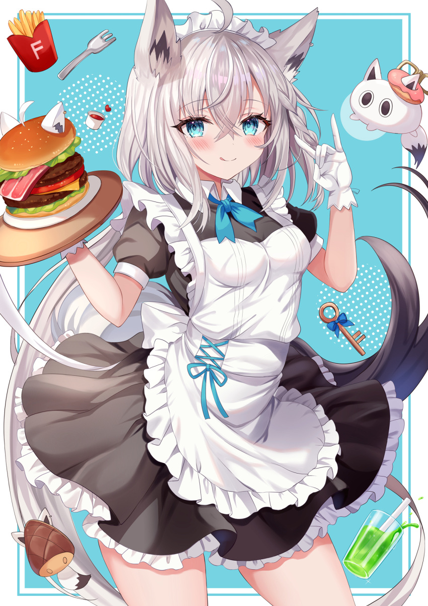 1girl :q ahoge alternate_costume animal_ear_fluff animal_ears apron aqua_background aqua_eyes bangs black_dress blush border braid burger closed_mouth crossed_bangs cup doughnut dress drinking_glass drinking_straw ear_piercing food fork fox_ears fox_girl fox_shadow_puppet fox_tail french_fries frilled_apron frilled_dress frills gloves grey_hair hair_between_eyes highres hololive long_hair looking_at_viewer maid maid_apron maid_headdress piercing retsuto shirakami_fubuki short_sleeves sidelocks solo tail tongue tongue_out virtual_youtuber white_border white_gloves