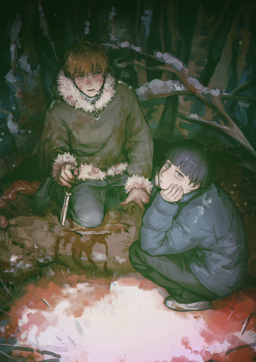 2boys alternate_costume bangs black_eyes black_hair blonde_hair blood blue_coat blunt_bangs bowl_cut cherrypepsi1048 cigarette closed_mouth coat forest full_body fur_trim hands_on_own_face highres holding holding_knife kageyama_shigeo knife long_sleeves looking_at_viewer male_focus mob_psycho_100 multiple_boys nature night outdoors pants reigen_arataka short_hair sitting snow tree