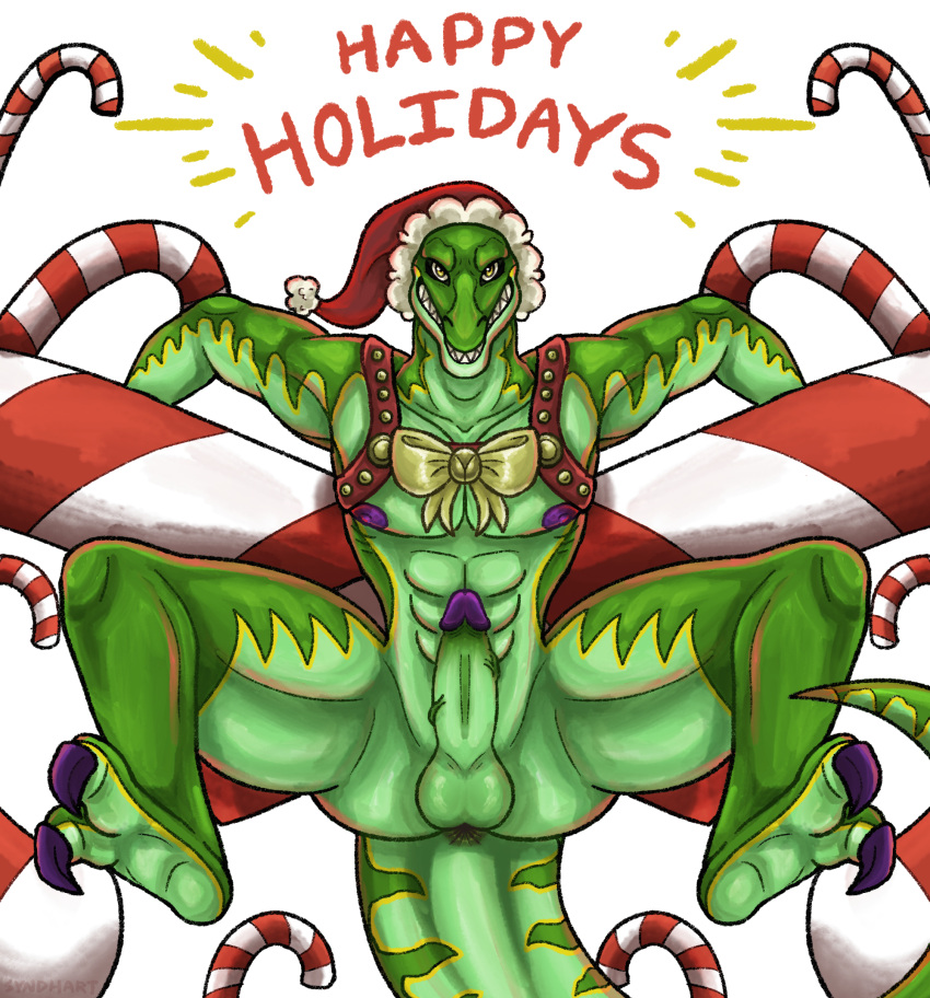 abs anthro anus balls bow_ribbon butt candy candy_cane christmas christmas_clothing christmas_headwear claws clothing dessert dinosaur feet food genitals grin harness hat headgear headwear hi_res holidays kane_(kfdp) male muscular nipples pecs penis reptile santa_hat scalie smile solo solo_focus spread_legs spreading syndhart theropod tyrannosaurid tyrannosaurus tyrannosaurus_rex