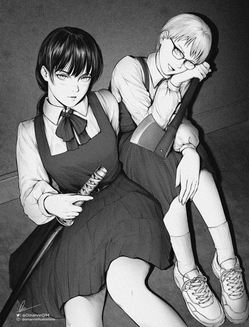 2girls absurdres axe black_hair black_ribbon chainsaw_man collared_shirt dress fourth_east_high_school_uniform glasses grey_hair greyscale highres holding holding_axe holding_sword holding_weapon instagram_logo instagram_username long_hair looking_at_viewer marvin_(omarvin) mitaka_asa monochrome multiple_girls open_mouth pinafore_dress ribbon school_uniform shirt short_hair signature sitting sword twintails twitter_logo twitter_username weapon white_shirt yuko_(chainsaw_man)