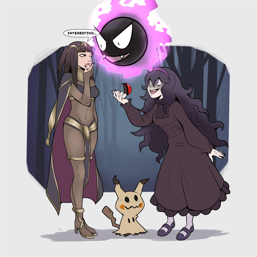 absurd_res accessory black_hair blush clothing dress female fire_emblem footwear franmm127 generation_7_pokemon ghastly ghost hair headband hex_maniac hi_res high_heels long_hair mimikyu nintendo pokemon pokemon_(species) purple_body purple_hair spirit tharja_(fire_emblem) yellow_body