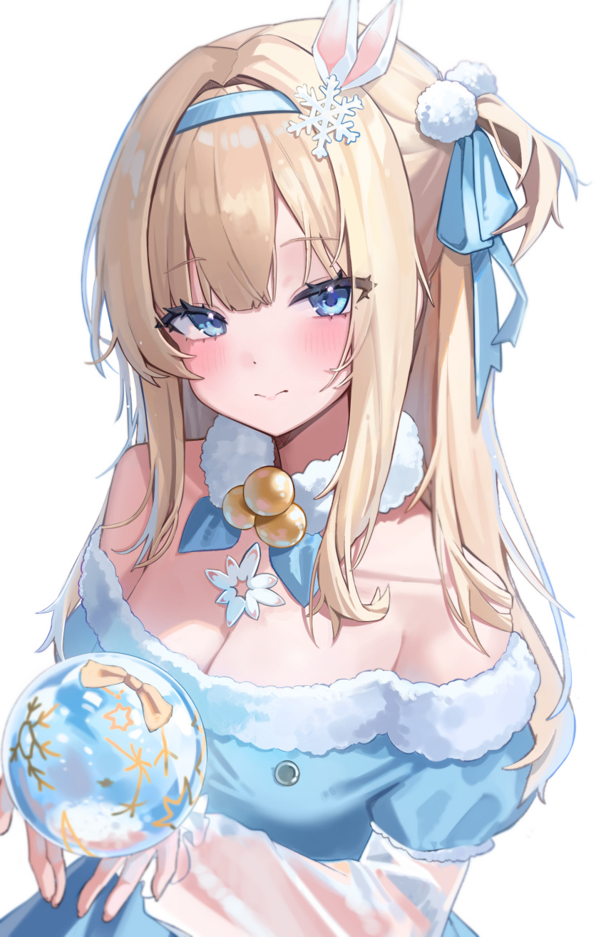 1girl absurdres bangs blonde_hair blue_dress blue_eyes blue_headband blue_ribbon breasts choker christmas cleavage closed_mouth collarbone dress fur-trimmed_dress fur_trim girls'_frontline hair_intakes hair_ornament hair_over_shoulder hair_ribbon headband highres holding long_hair long_sleeves looking_at_viewer medium_breasts off-shoulder_dress off_shoulder rabbit_hair_ornament ribbon sidelocks simple_background snow_globe snowflake_hair_ornament solo standing suomi_(girls'_frontline) upper_body white_background white_choker whitebc