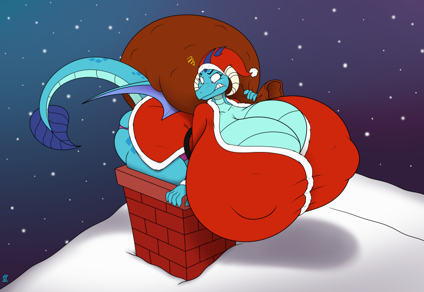 2022 absurd_res angry anthro badgerben big_breasts biped blue_body blue_scales breasts christmas christmas_clothing christmas_headwear clothing costume dragon female friendship_is_magic hasbro hat headgear headwear hi_res holding_sack holidays horn huge_breasts hyper hyper_breasts my_little_pony nipple_outline outside princess_ember_(mlp) sack santa_costume santa_hat scales scalie snow snowing solo stuck stuck_in_chimney year