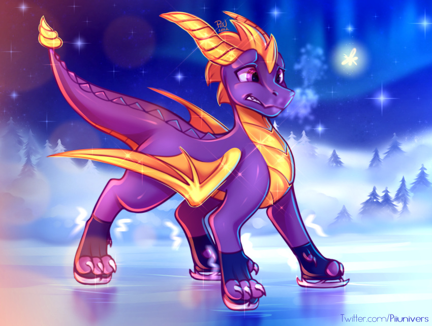 4_legs 4_toes absurd_res activision aurora_(phenomenon) claws dragon feet feral hi_res holidays horn ice ice_skates ice_skating male night on_ice piiu piiunivers scalie solo spikes spikes_(anatomy) spyro_the_dragon toes western_dragon wings winter