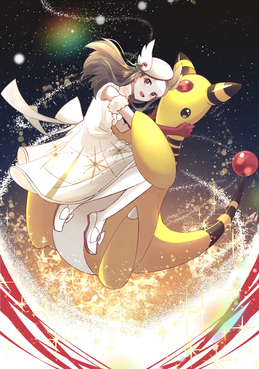 1girl :d absurdres ampharos brown_hair commentary_request dress gloves hair_behind_ear hat highres jasmine_(holiday_2022)_(pokemon) jasmine_(pokemon) long_hair looking_at_viewer official_alternate_costume open_mouth pantyhose pokemon pokemon_(creature) pokemon_(game) pokemon_masters_ex red_gloves shoes sidelocks smile ssn_(sasa8u9r) white_dress white_footwear white_headwear white_pantyhose