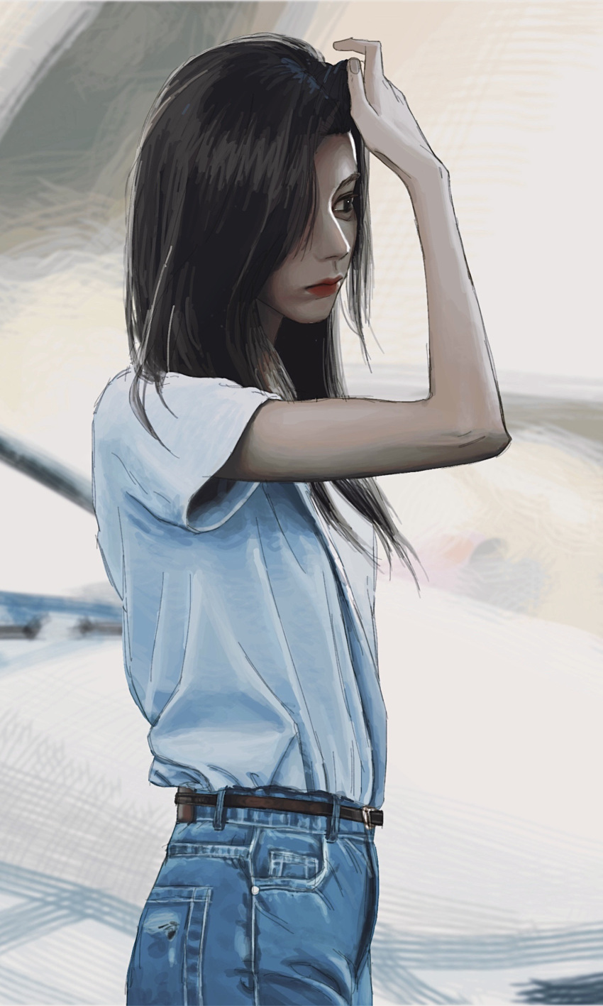 1girl absurdres adjusting_hair belt black_eyes black_hair blue_pants brown_belt denim expressionless from_side highres jeans jiangkang_meizi long_hair looking_to_the_side pants real_life realistic red_lips sana_(twice) shirt shirt_tucked_in solo t-shirt twice_(group) white_shirt