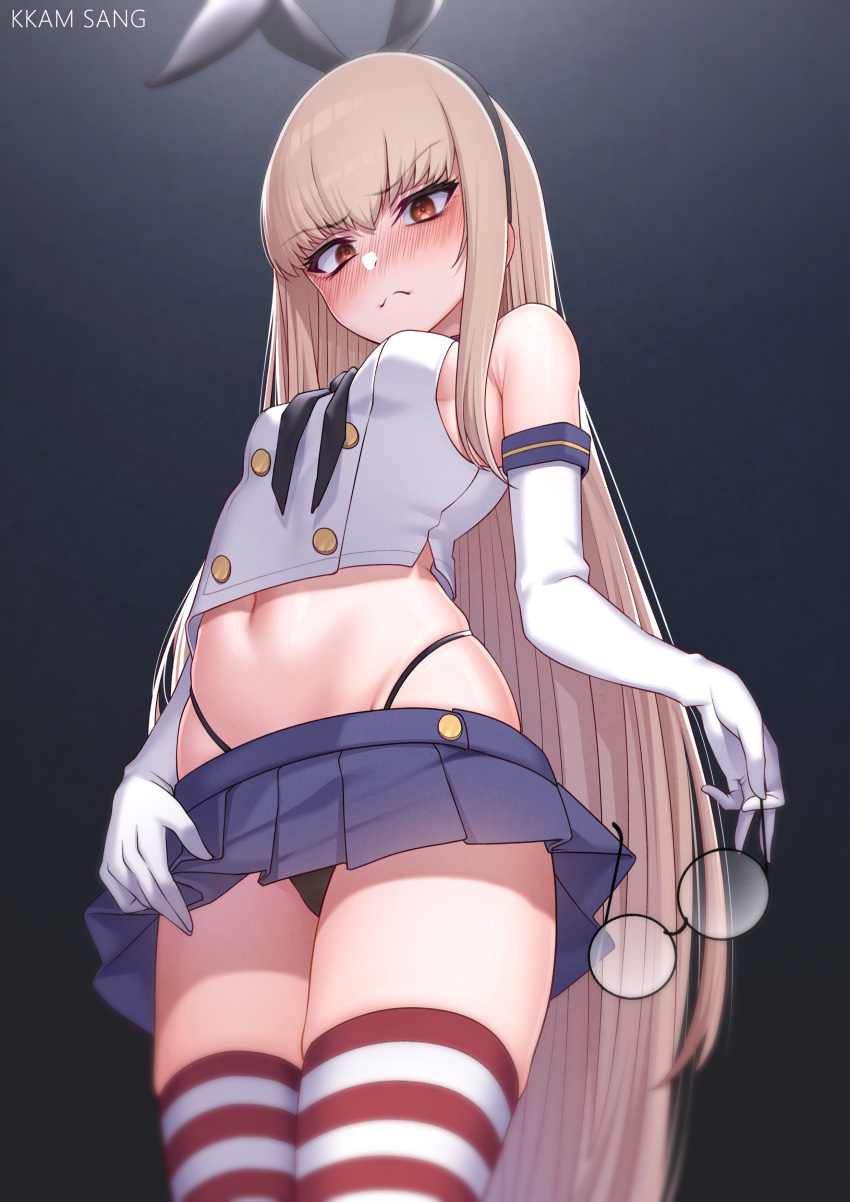 1girl absurdres alternate_costume armpit_crease blonde_hair blush breasts commission cosplay crop_top elbow_gloves eyewear_removed frown g-string girls'_frontline gloves groin highres kkam-sang long_hair looking_at_viewer miniskirt navel orange_eyes round_eyewear shimakaze_(kancolle) shimakaze_(kancolle)_(cosplay) sideboob skirt sleeveless small_breasts solo striped striped_thighhighs thighhighs thong type_80_(girls'_frontline) very_long_hair