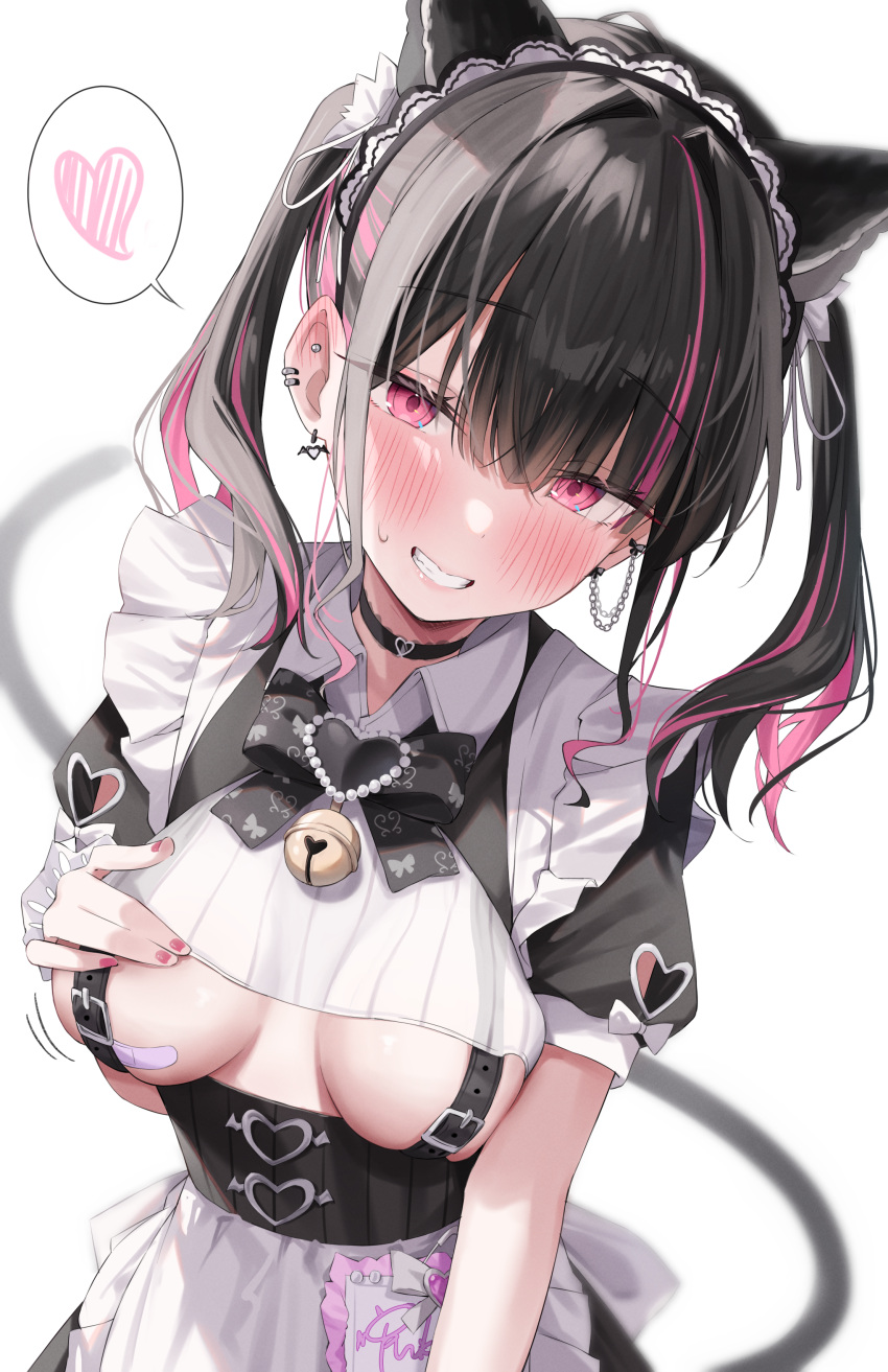 1girl absurdres animal_ears bandaid bandaids_on_nipples bangs belt black_hair blush breasts cat_ears ear_piercing earrings green_tea_(greente42869067) grin heart highres indie_virtual_youtuber jewelry looking_at_viewer multicolored_hair pasties piercing pink_eyes pink_hair rikotan_(vtuber) simple_background smile solo spoken_heart sweatdrop tail twintails two-tone_hair virtual_youtuber white_background