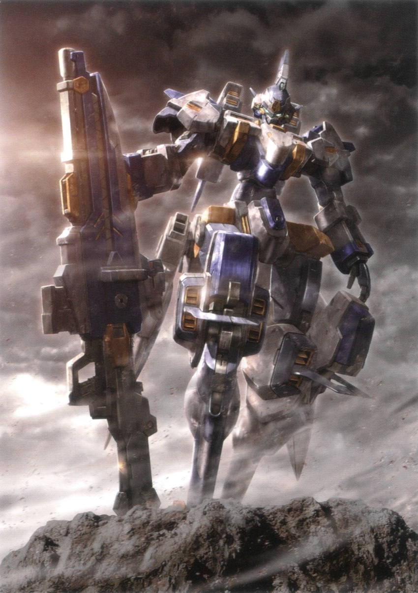 bellzelute cloud cloudy_sky glowing glowing_eyes gun highres holding holding_weapon lens_flare looking_at_viewer looking_down mecha morishita_naochika no_humans non-web_source official_art on_ground rifle robot science_fiction sky smoke super_robot_wars super_robot_wars_judgement super_robot_wars_original_generation weapon