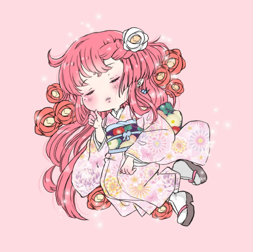 1girl bangs blush chibi closed_eyes earrings english_commentary floral_print flower from_above full_body geta grey_footwear hair_flower hair_ornament halftone highres japanese_clothes jewelry kimono light_blue_ribbon long_hair lying momoiro_chii obi obijime original parted_lips pink_background pink_hair pink_kimono pink_theme print_kimono print_sash purple_sash red_flower sash simple_background single_earring sleeping socks solo stud_earrings white_flower white_socks wide_sleeves