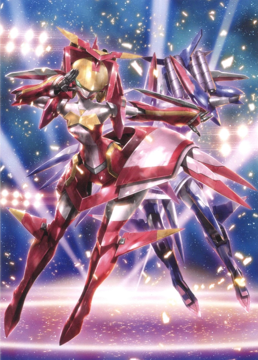 back-to-back dancing fairlion flying green_eyes highres idol mecha morishita_naochika non-web_source official_art open_hands robot scan skirt spotlight star_(sky) super_robot_wars super_robot_wars_original_generation