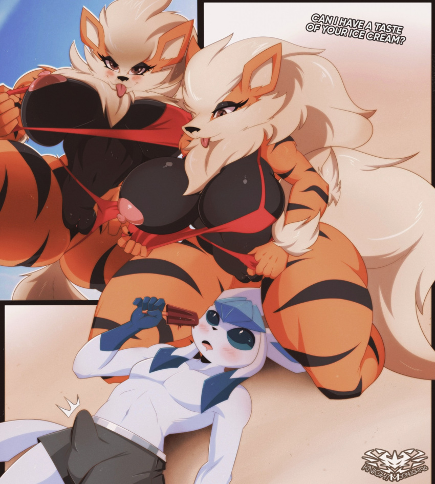 anthro arcanine big_breasts bikini bikini_aside blep breasts clothing clothing_aside eeveelution female generation_1_pokemon generation_4_pokemon genitals glaceon hi_res knightmoonlight98 male male/female nintendo nipples one_breast_out pokemon pokemon_(species) pussy swimwear swimwear_aside thick_thighs tongue tongue_out