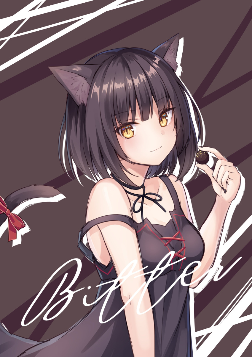 1girl absurdres animal_ears black_dress black_theme breasts cat_ears cat_girl cat_tail chocolate dress highres kure~pu original ribbon short_hair sleeveless sleeveless_dress smile strap_slip tail tail_ornament tail_ribbon yellow_eyes