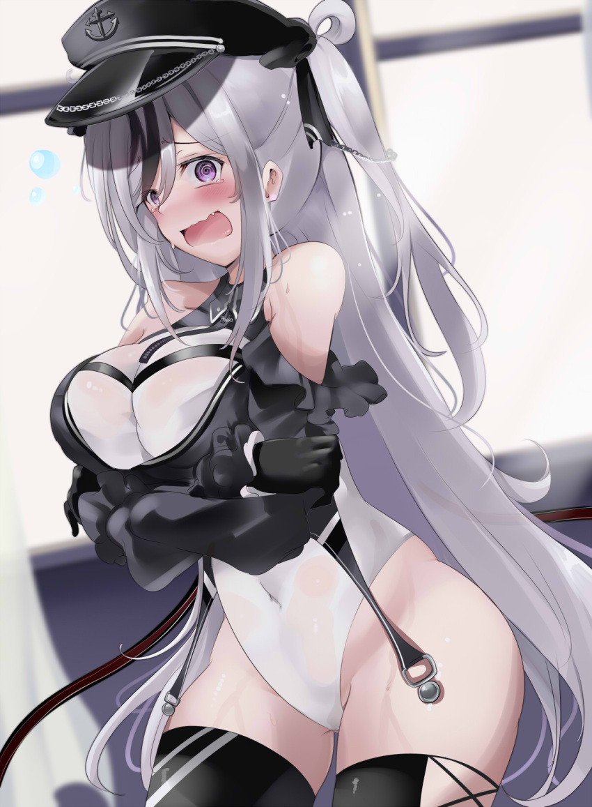 1girl @_@ azur_lane black_corset black_headwear boots clothing_cutout corset cowboy_shot cross crossed_arms dress elbe_(azur_lane) embarrassed fang frilled_dress frills grey_hair hat highres indoors iron_cross layered_dress leotard long_hair multicolored_hair peaked_cap purple_eyes red_armband shoulder_cutout skin_fang streaked_hair thigh_boots tonchinkan two_side_up underboob_cutout wavy_hair white_leotard window