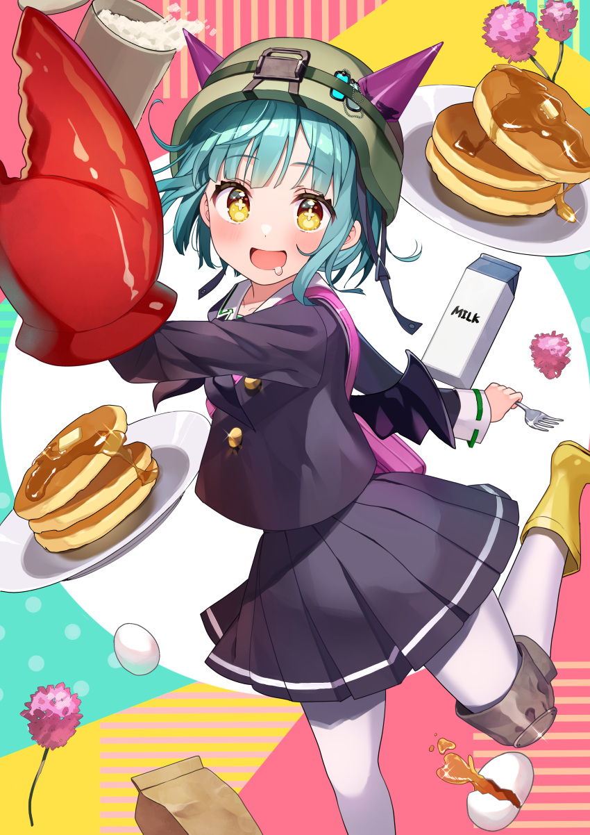 1girl absurdres bag bat_wings black_shirt black_skirt boots crab_claw cup drink drooling egg_(food) fake_horns flower food fork green_hair green_headwear hat heaven_burns_red highres holding holding_fork horned_headwear horns knee_pads looking_at_viewer milk multicolored_background pancake pink_bag plate rubber_boots school_uniform shirt short_hair shoulder_bag single_knee_pad skirt socks solo white_socks wings yayoi_bungo yellow_eyes yellow_footwear yushima